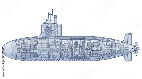 Detailed cutaway illustration revealing the intricate internal structure and complex systems of a modern submarine design