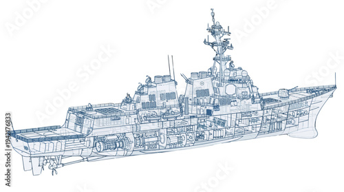 Detailed technical blueprint illustration of a modern naval destroyer, showcasing complex internal engineering and design