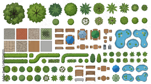 Top-down view of landscape design elements and garden plants