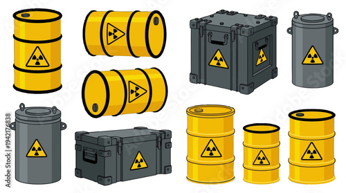 Collection of Industrial Barrels and Storage Containers with Radioactive Hazard Symbols