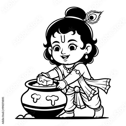 Baby Krishna reaching into butter pot in black and white cartoon line art style