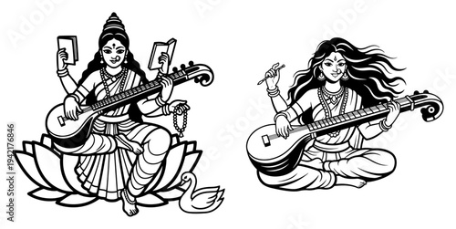 Goddess Saraswati playing veena musical instrument in detailed hand drawn style