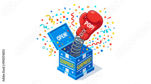 Exciting blue surprise box with a popping red boxing glove and festive confetti, symbolizing unexpected fun and playful impact