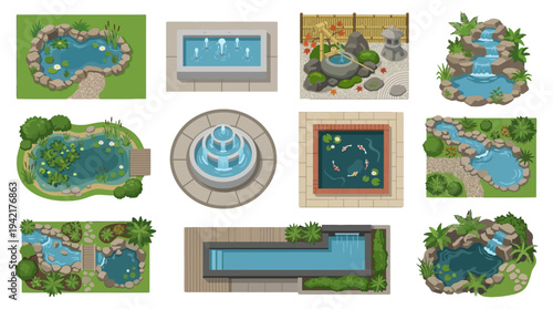 Illustrative Overhead Views of Garden Water Features Ponds, Fountains, and Swimming Pools in Landscaping Designs