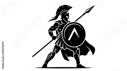Dynamic illustration of a mighty ancient warrior with spear and shield, symbolizing strength and courage