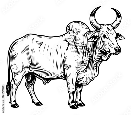 Sacred Indian bull with large hump and horns in detailed hatching sketch style