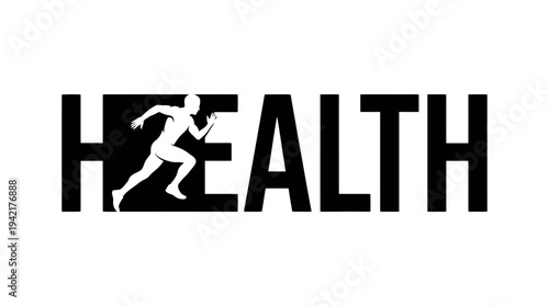 Dynamic typographic logo for health and fitness, integrating a running human silhouette within the impactful word 'HEALTH', symbolizing active wellness