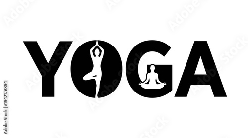 Yoga text logo with a silhouette of a person in a yoga pose and another in meditation
