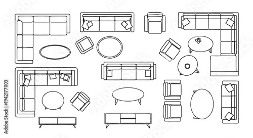 Diverse Vector Outlines of Modern Living Room Furniture for Interior Layout Planning and Architectural Diagrams