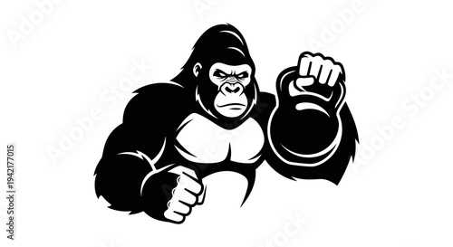 Robust Gorilla Engaged in Fitness Training, Holding a Kettlebell for Strength Development