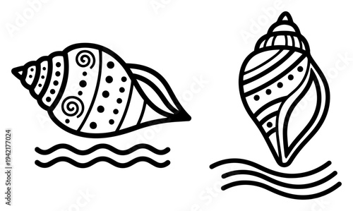 Sacred conch shells with decorative patterns and sea waves in hand drawn line art style