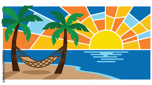 Stained glass style tropical beach sunset with palm trees and hammock