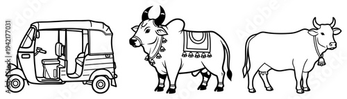 Indian culture icons set featuring auto rickshaw and sacred cows in minimalist line art style