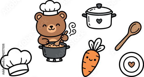Cute smiling bear wearing chef hat stirring food in black pot with happy carrot wooden spoon and cooking utensils set