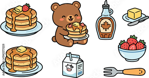 Cute smiling bear holding pancakes with maple syrup fruit butter and strawberries in flat design vector art illustration