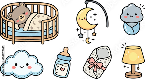 Cute vector illustration of sleeping baby bear in crib with moon stars mobile bottle lamp and cloud icons in pastel colors