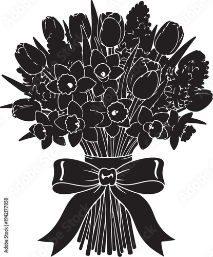 Black and white bouquet of flowers with ribbon tie