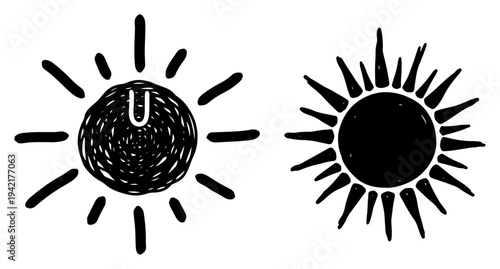 Sun symbols with religious tilak mark in hand drawn doodle style