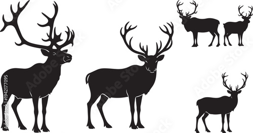 Silhouettes of deer with antlers in various poses shown