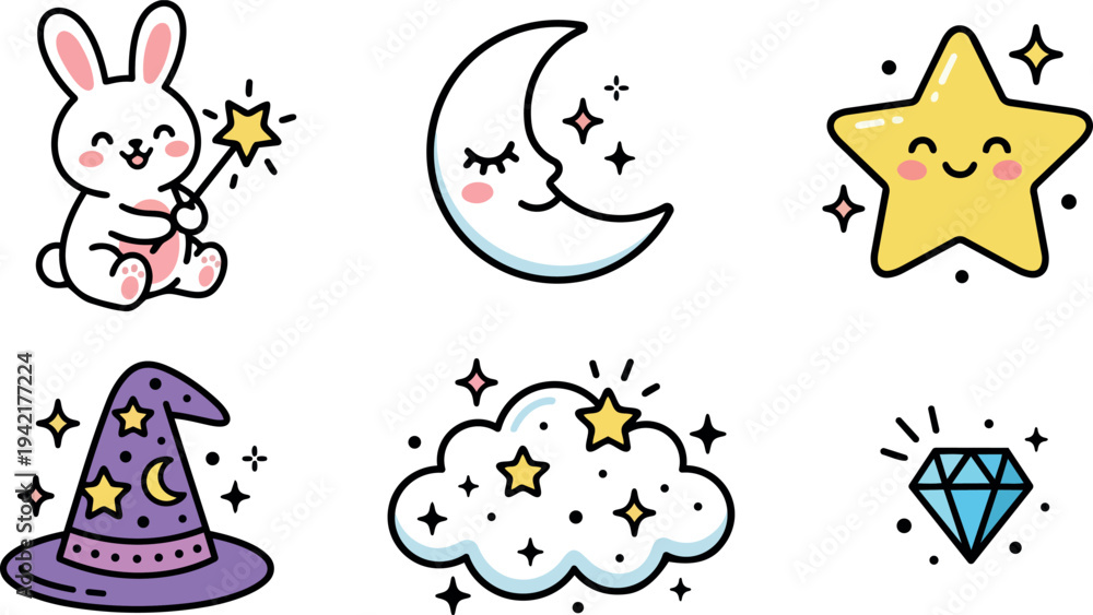 Fototapeta premium Cute sitting bunny holding magic wand with smiling happy star and moon cloud diamond illustration set