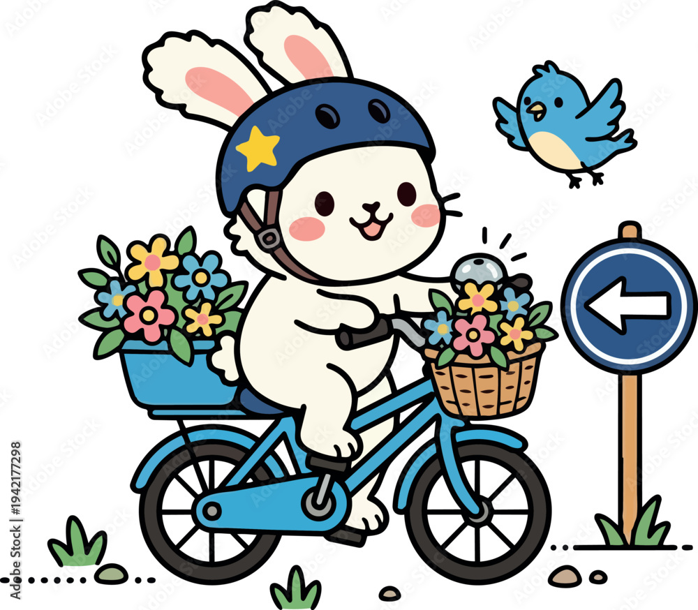 Fototapeta premium Cute bunny wearing blue helmet riding blue bicycle with flower baskets and bird flying near left arrow sign