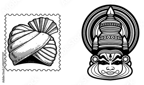 Kathakali classical dance mask and traditional indian turban in vintage woodcut engraving style