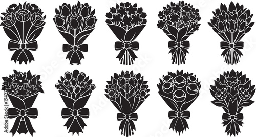 Black and white bouquet flower illustrations with ribbons tied