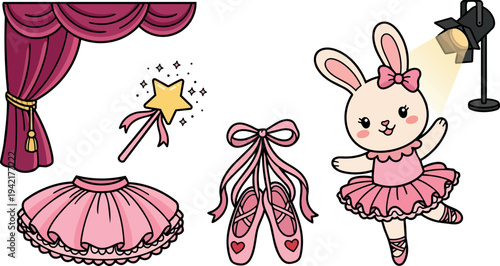 Cute ballerina bunny wearing pink tutu and bow dancing under spotlight with ballet shoes star wand and stage curtain elements