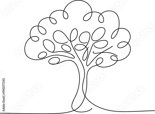 Abstract single line drawing of a tree with a swirling canopy and roots on a white background line art