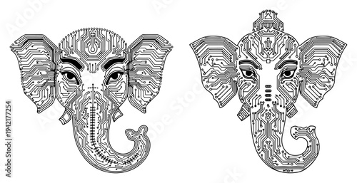 Lord Ganesha head with electronic circuit board patterns in modern digital style