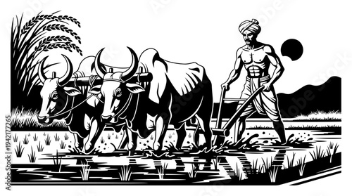 Indian farmer plowing rice field with oxen in traditional woodcut engraving style