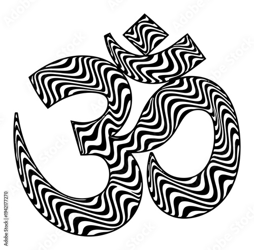 Om symbol with wavy black and white stripe pattern in minimalist graphic style