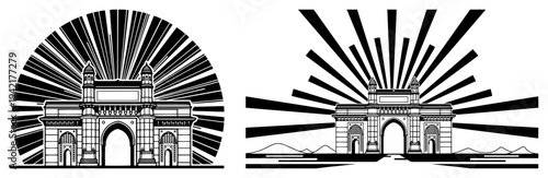 Gateway of India monument with radiating sunburst lines in graphic silhouette style