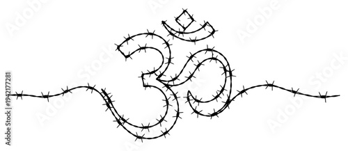 Om symbol formed from barbed wire in black and white line art style