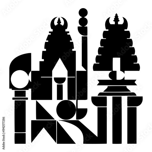 Abstract geometric representation of Hindu temple architecture in minimalist silhouette style