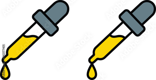 Minimalist dropper pipette illustration with gray bulb and yellow liquid droplet in clean flat laboratory vector style