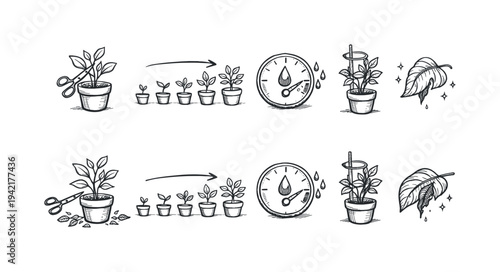 Gardening linear icon set. Plant growth, maintenance, water icons outline collection