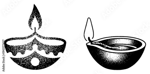 Diwali diya oil lamps for Indian festival celebration in stippled graphic style