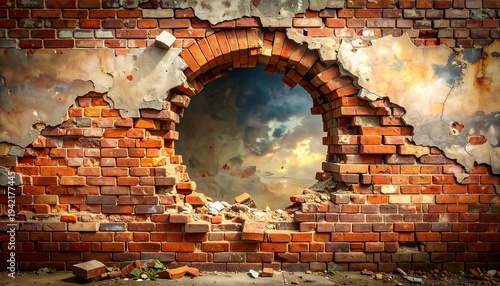 Dramatic sky visible through a large hole in an old weathered brick wall