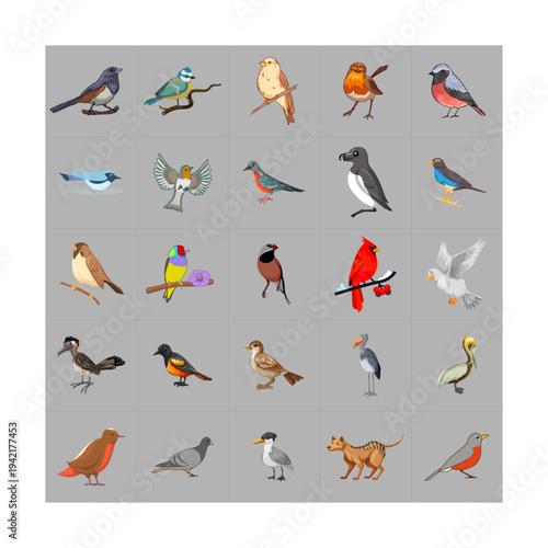 Bird Illustration Grid with Meerkat 25 Stylized Avian Designs and One Curious Animal Addition