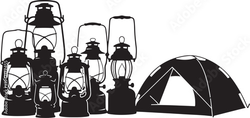 Camping lanterns and tent in silhouette on white background