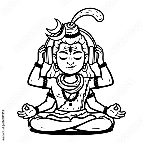 Lord Shiva meditating while wearing headphones in cute cartoon line art style