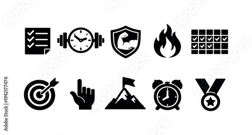 Fitness, workout, achievement solid icon set. Training, goal, motivation icons collection