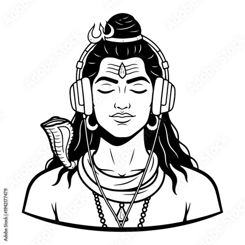 Lord Shiva portrait listening to music with headphones in modern minimalist line art style