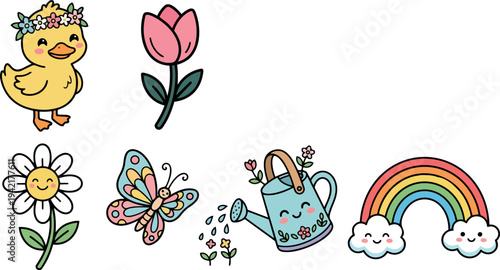 Cute cartoon duckling with flower crown pink tulip daisy flower colorful butterfly watering can and smiling rainbow vector art set