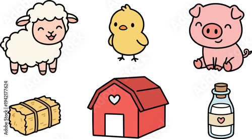 Cute cartoon farm animals vector set with smiling sheep chick pig red barn hay bale and milk bottle icons