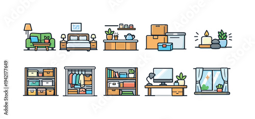 Home interiors, decor flat icon set. Furniture, room essentials, organizing symbols.