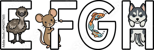 Cute animal alphabet letters featuring emu bird mouse fish and husky dog in playful vector art style for children learning