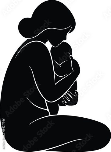Vector loving mother embracing newborn baby with tender care silhouette design