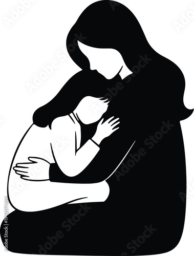 Vector loving mother embracing young child showing care and support silhouette design